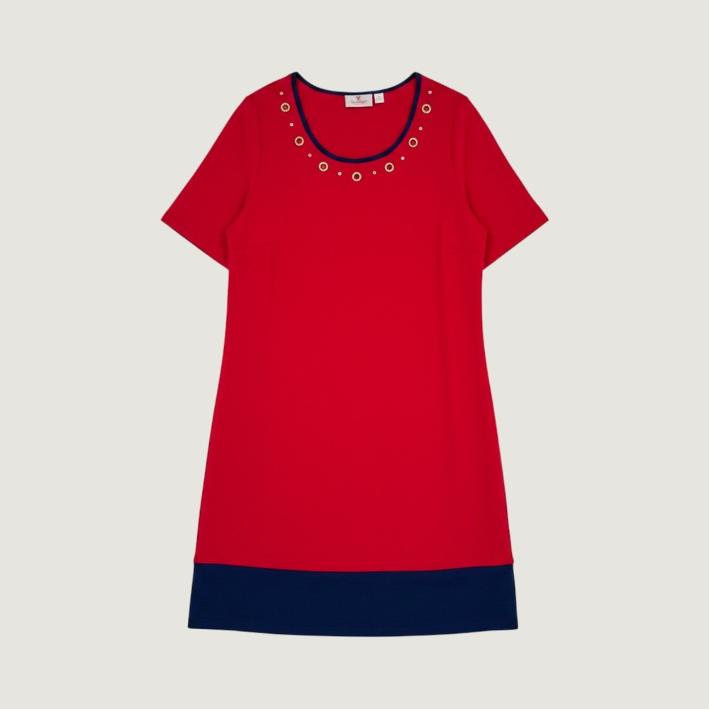 Quacker Factory‎ Rhinestone Grommet Shift Dress Sz 1X Red Blue Knit Patriotic